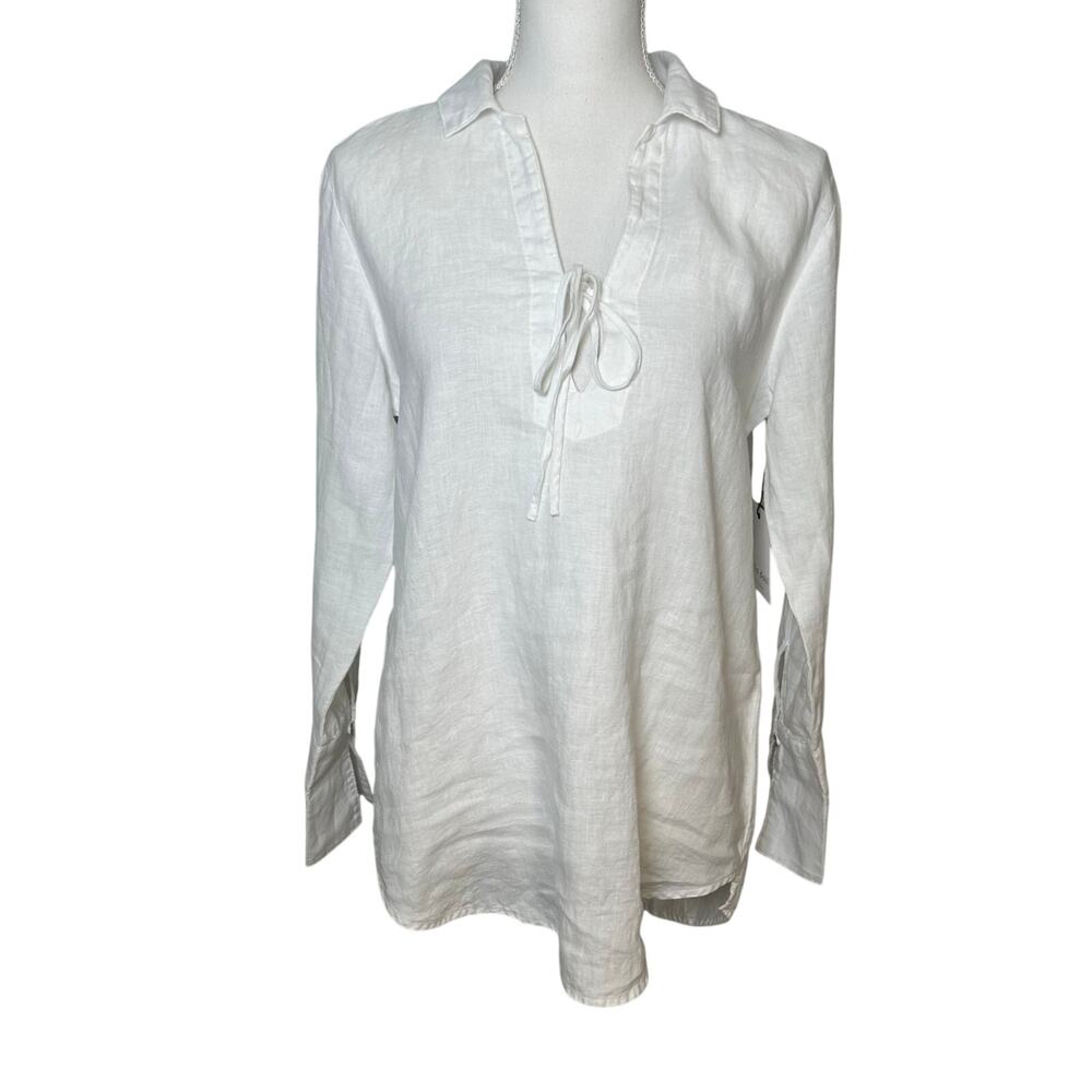 bella dahl New 100% linen white tie neck linen tunic top size S